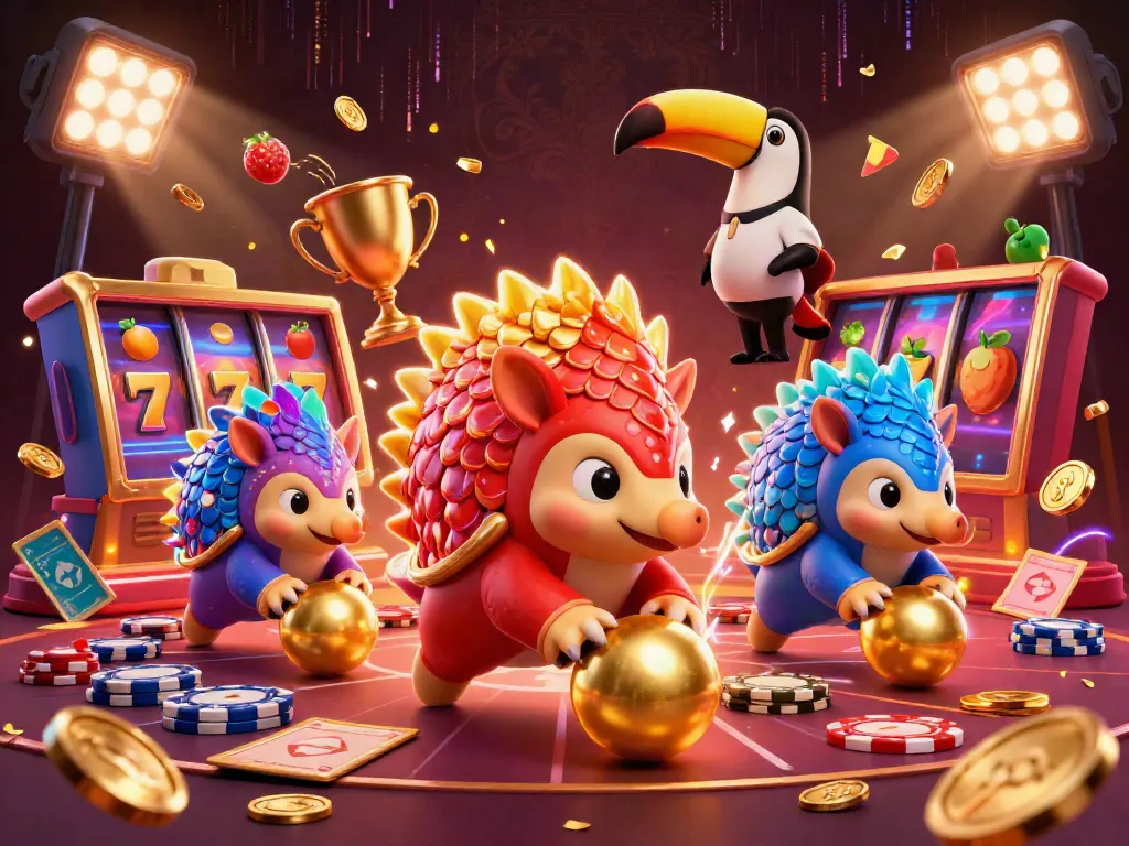 Casinos not on GamStop UK: Enjoy thrilling gameplay with pangolins and poker chips in a vibrant 3D scene.