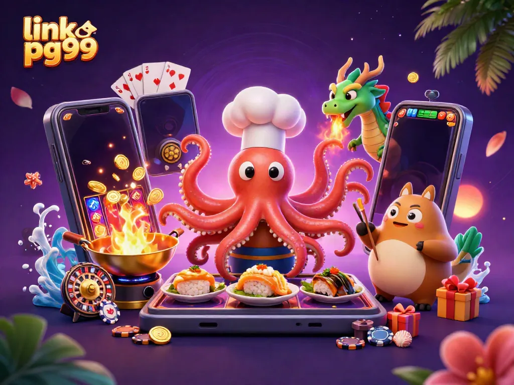 Engage with link pg99 in an exciting 3D online casino scene featuring dynamic gaming elements and vibrant characters.