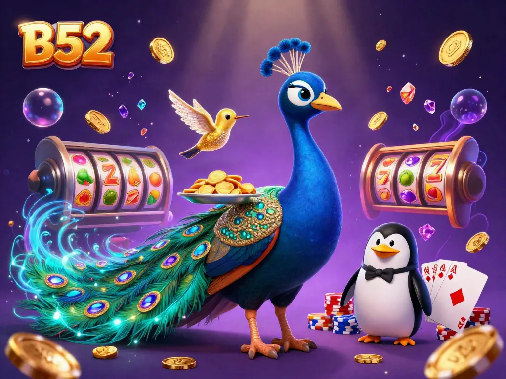 B52 players enjoy exciting slot games with vibrant reels, golden chips, and dazzling characters.
