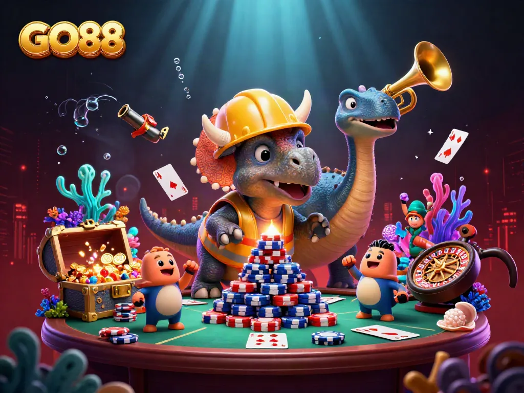 Join the vibrant GO88 celebration with an exciting 3D scene of poker-themed characters building a winning strategy.