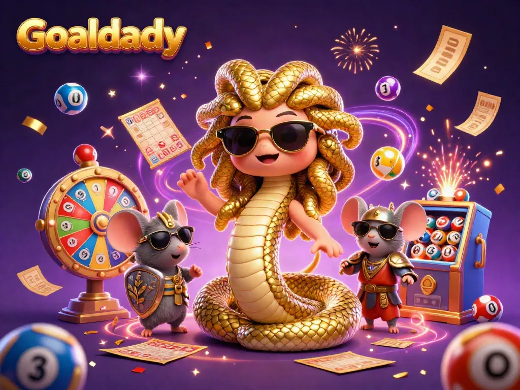 Experience the excitement of Goaldaddy with vivid 3D illustration of gambling elements and characters.