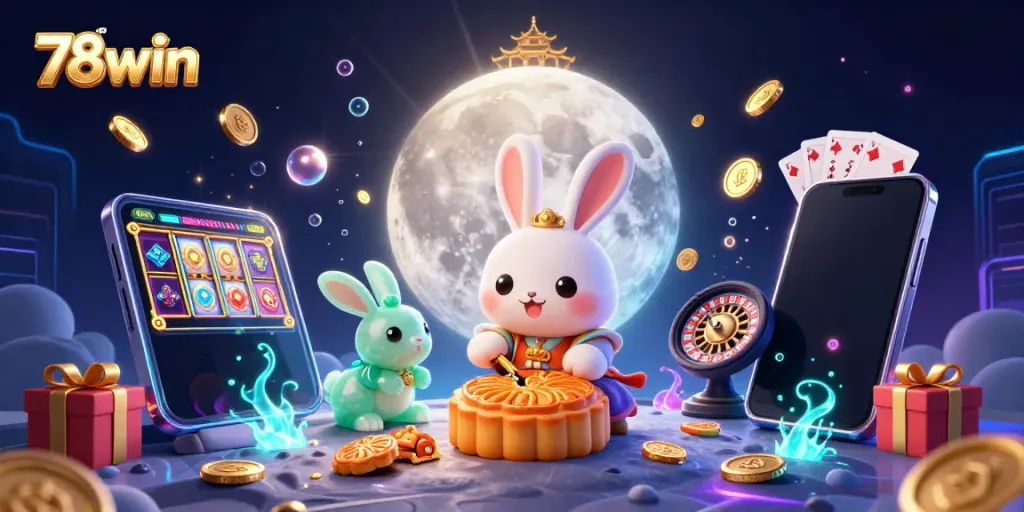 Engage with 78win's immersive lunar casino scene featuring the moon rabbit and poker chips.