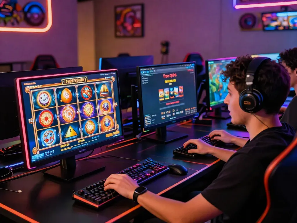 Exciting gaming atmosphere showcasing a player enjoying slot gacor games, illuminated by colorful LED lights and vibrant game graphics.