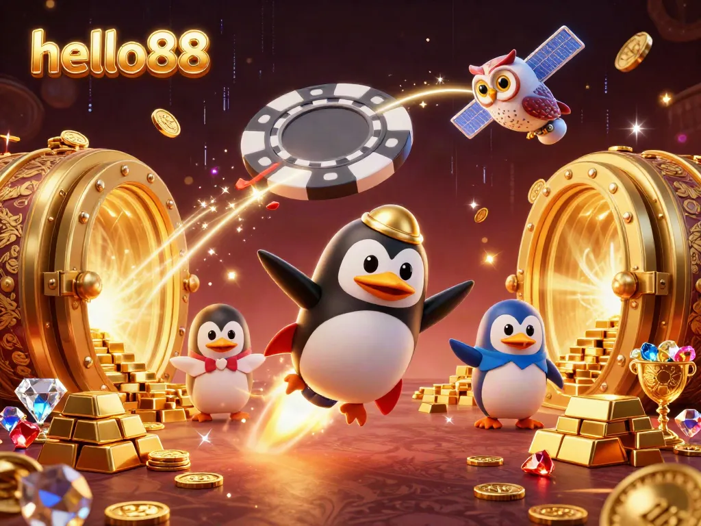 Experience thrilling online gaming with hello88, featuring vibrant treasure and a dynamic casino setting.