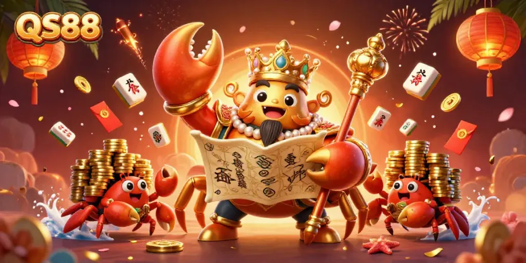 Experience thrilling gameplay at QS88 with vibrant casino-themed illustration featuring a golden crab emperor.