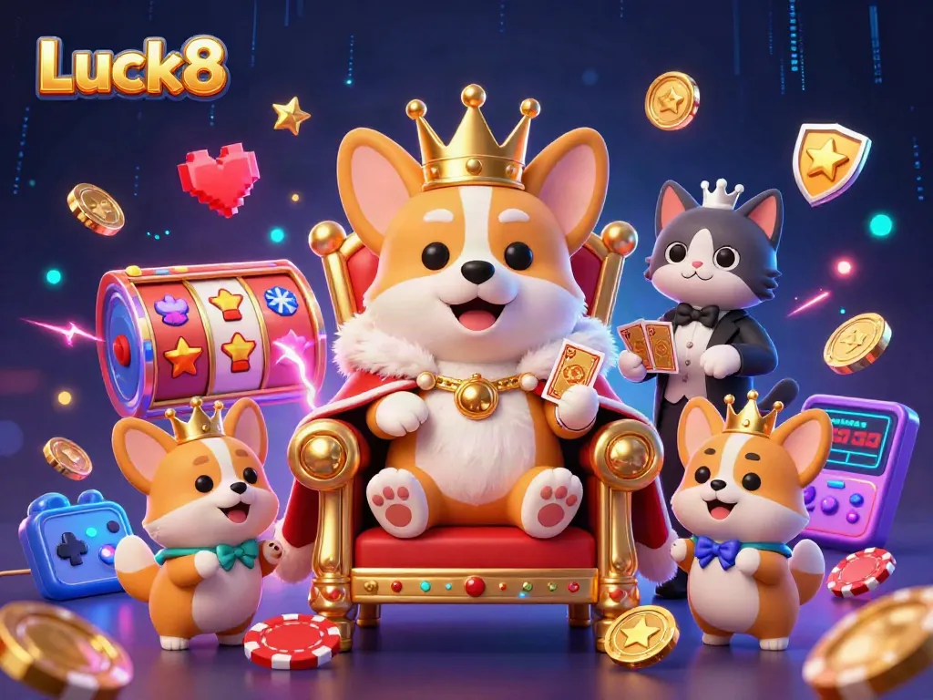 Experience big wins at Luck8 with vibrant cartoon scenes of royalty and gaming delights.