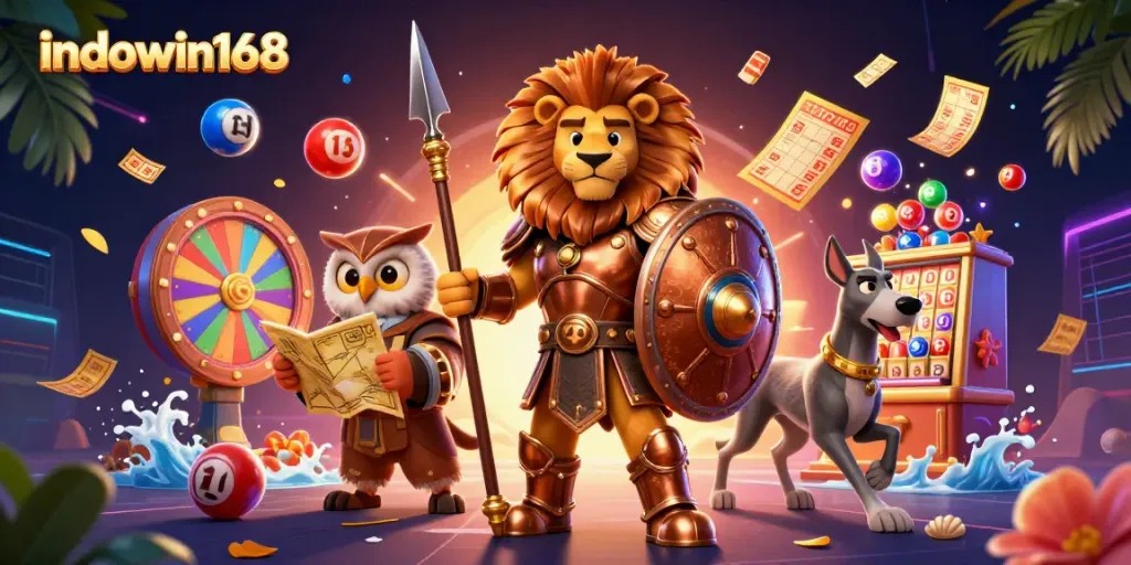 Spin to win with indowin168: a vibrant illustration featuring a Spartan lion and exciting lottery elements.