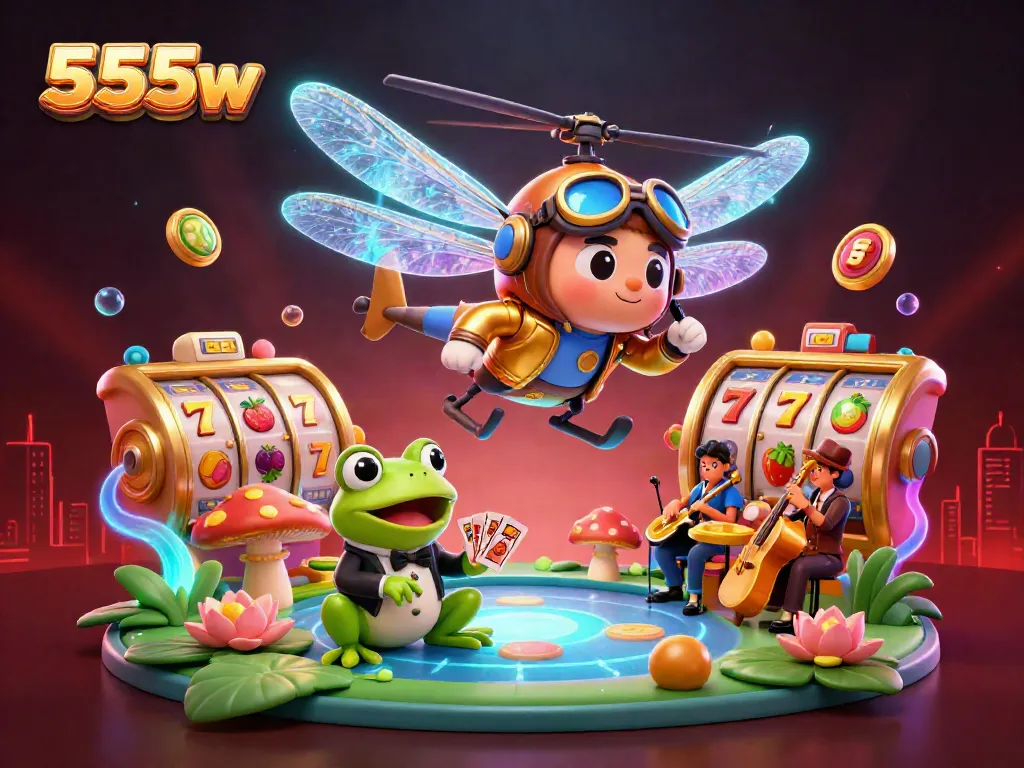 Experience thrilling moments at 555w casino with vibrant slots and animated characters.