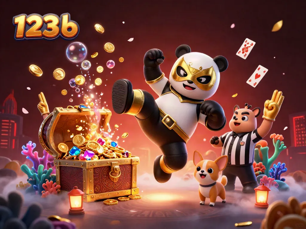 Experience thrilling gameplay at 123 b with a vibrant illustration of animated characters and jewel-like treasures.