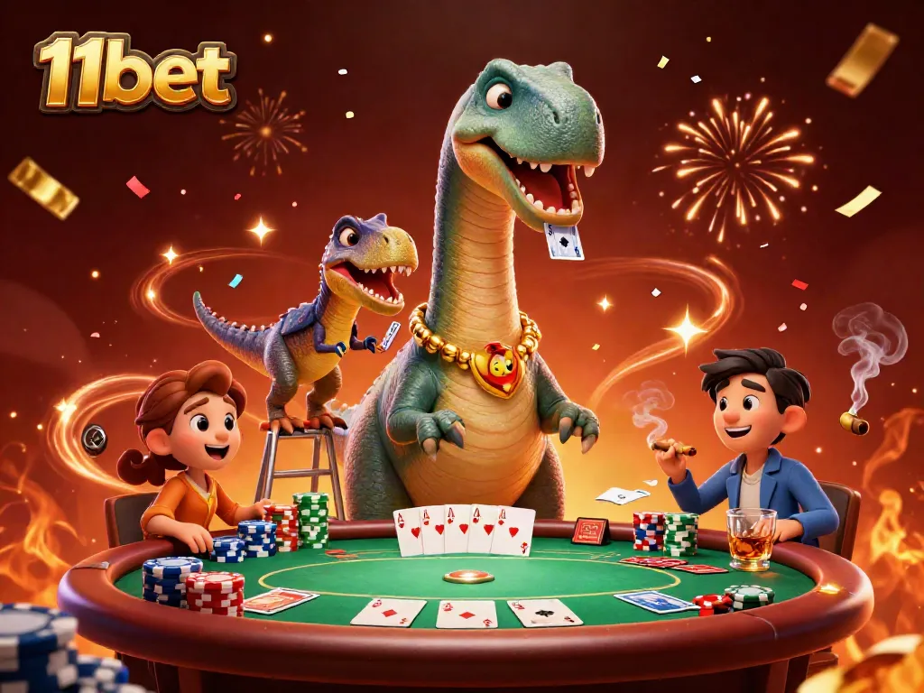 Experience thrilling gaming moments at 11bet with a lively casino scene featuring a playful brontosaurus and clever raptor.