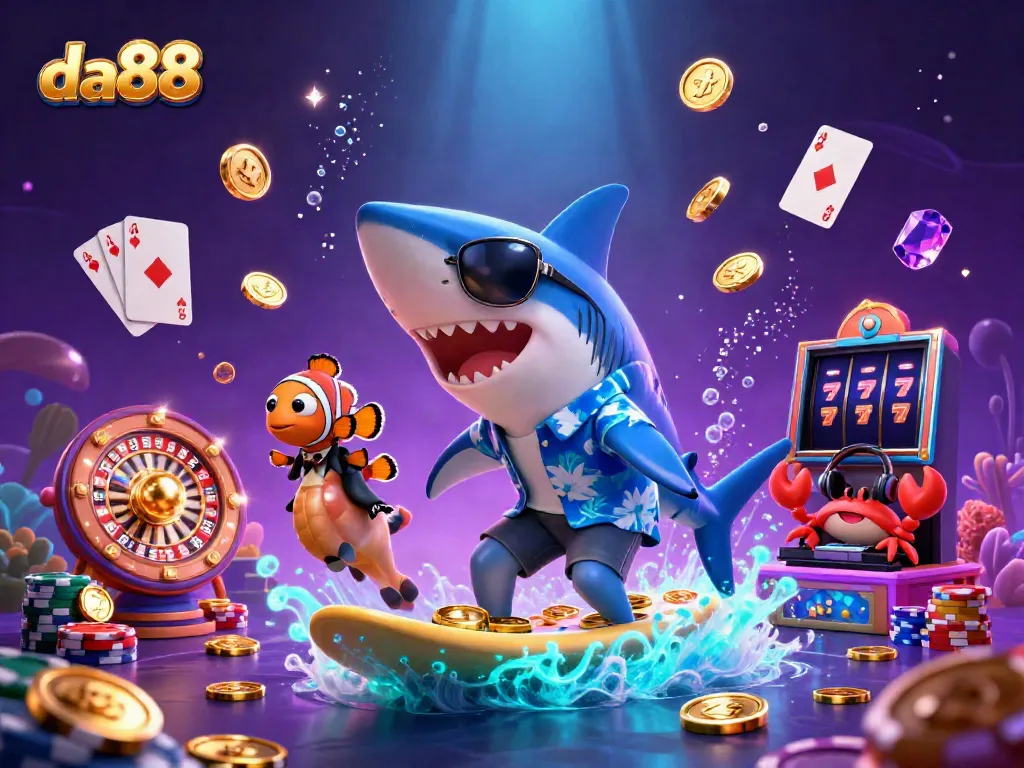 Engage in winning thrills at da88 with 3D cartoon characters celebrating amidst casino elements and vibrant gold.