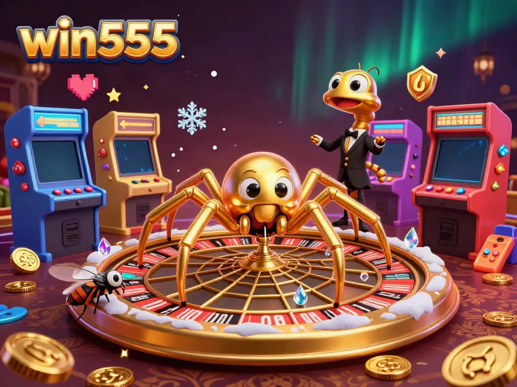 Experience the thrill of win555 with a dynamic and colorful casino scene featuring a golden spider spinning a roulette wheel.