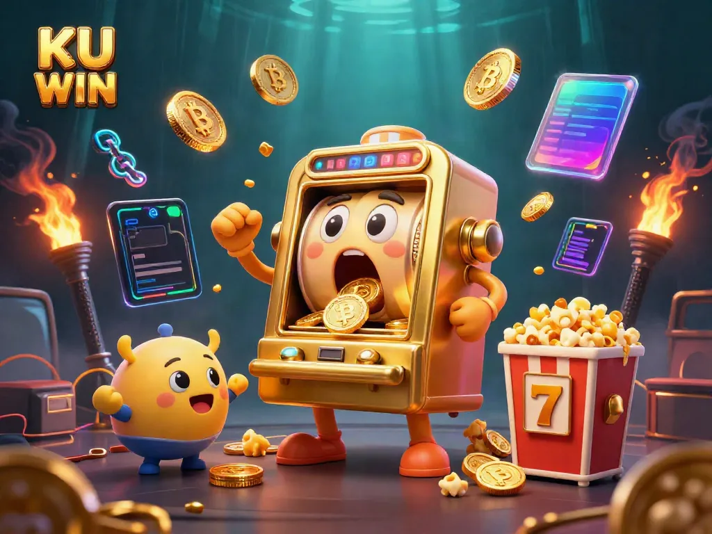 KU WIN slot machine celebrates a jackpot, surrounded by cheering machines and golden coins in action.