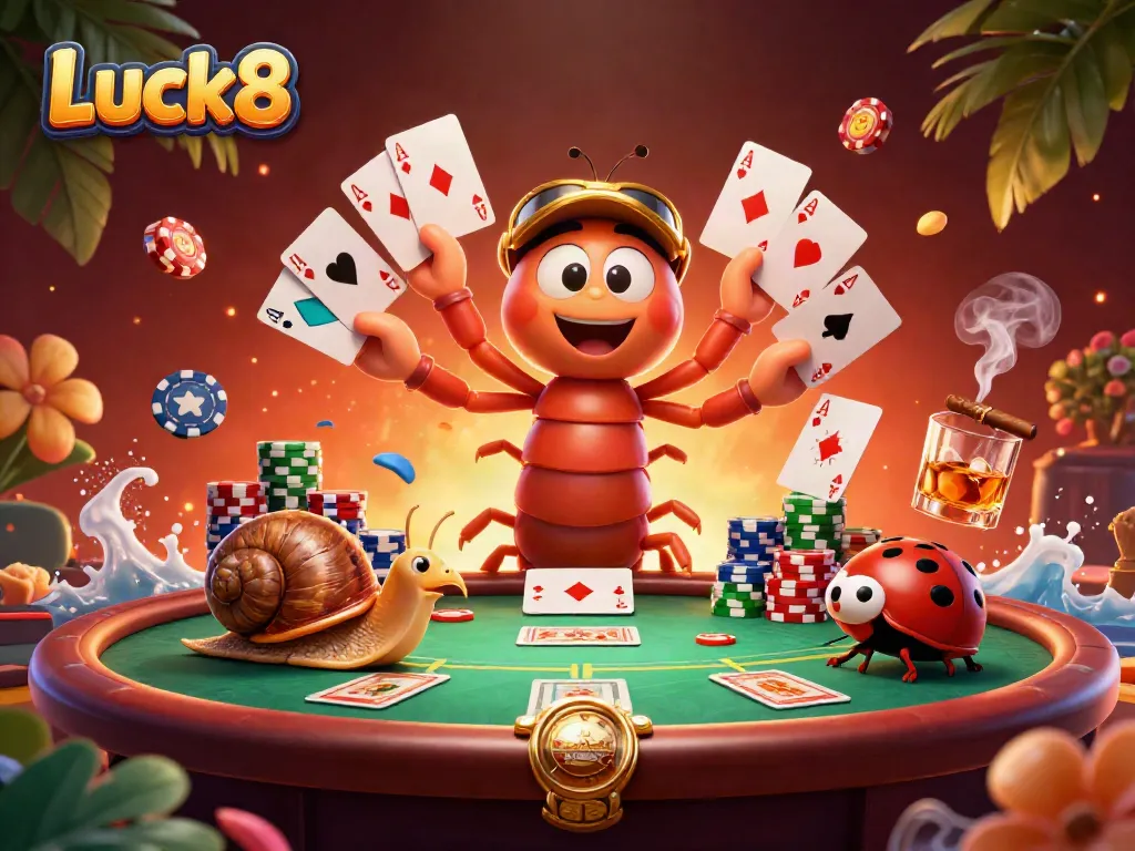 Luck8 casino illustration featuring a millipede dealer and snail high-roller at a vibrant poker table.