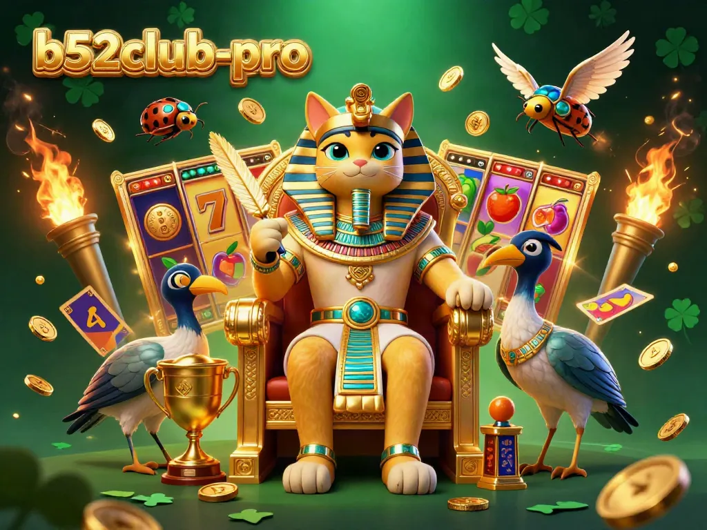 Experience casino excitement with b52club-pro's colorful Egyptian-themed scene full of slot machines and golden symbols.