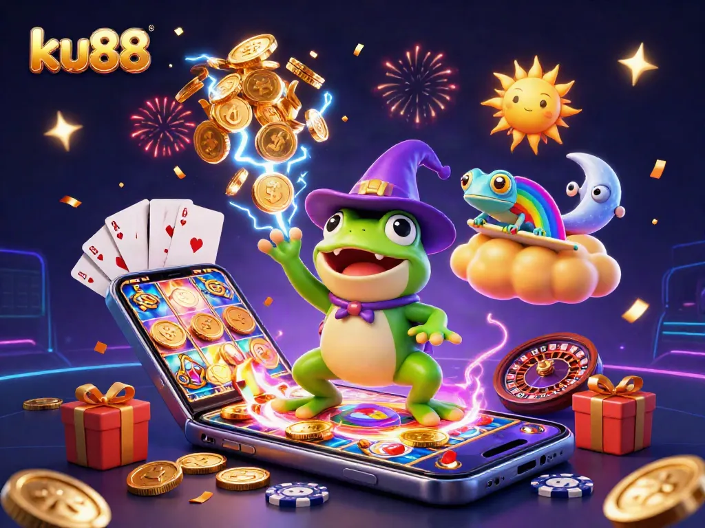 Engage with ku88's thrilling gaming scene featuring a wizard frog, coins, and vibrant games.
