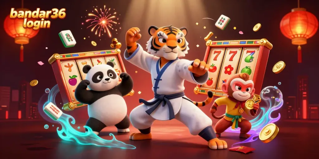 Bandar36 login diikuti tiger kung fu yang menunjukkan sikap dengan simbol kasino di sekitarnya.