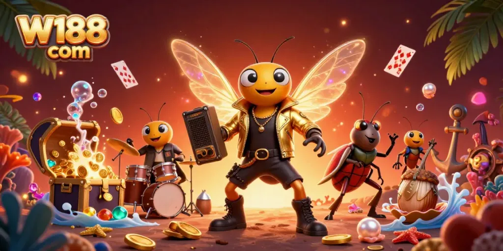 Experience the thrill of W188 com with the vibrant 3D casino characters amid treasure and games.