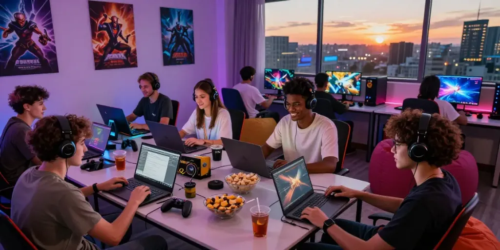 Kilat404 gaming hub with friends enjoying multiplayer games together in a vibrant and modern setting.