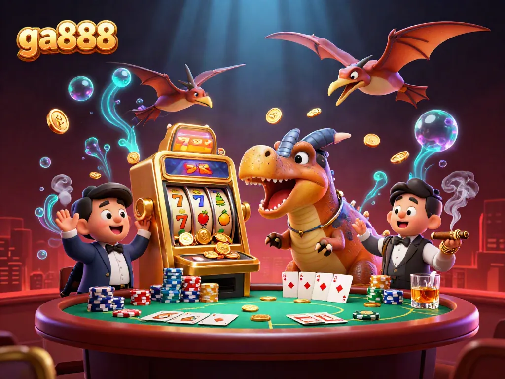 ga888 jackpot scene with characters celebrating a win at the casino, highlighting slot machines and poker elements