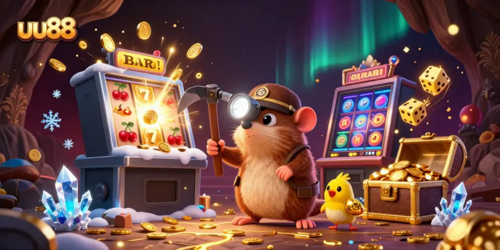 Experience the thrill of uu88 with a treasure hunter mole and dazzling casino elements in a vibrant 3D scene.