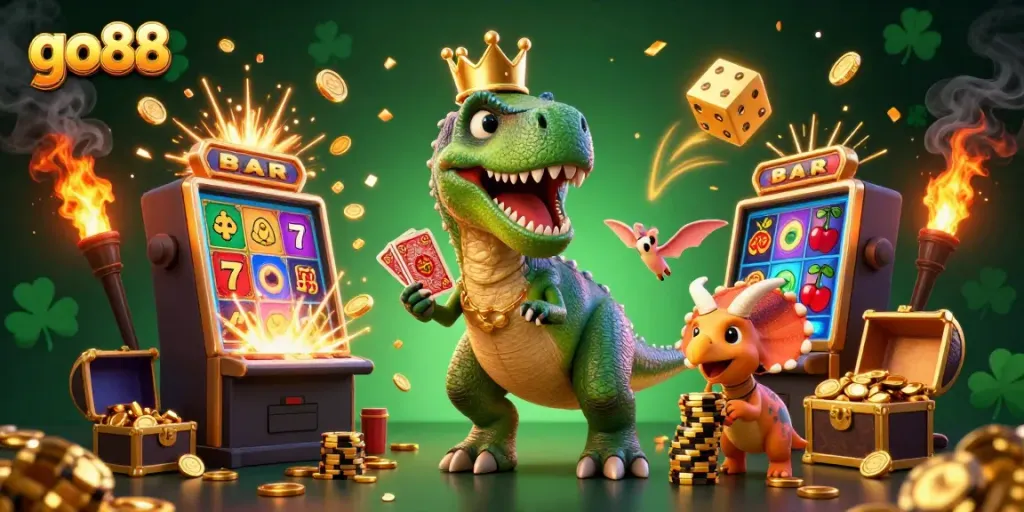 Engage with go88's vibrant casino world featuring fun characters, a jackpot, and a colorful gaming atmosphere.