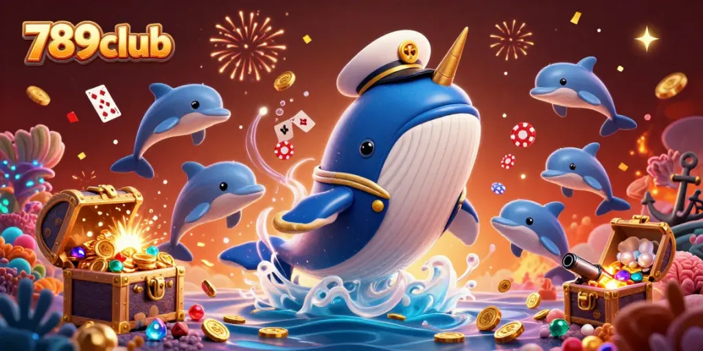 Experience thrilling wins at 789club with playful dolphins and a vibrant, animated underwater casino scene.