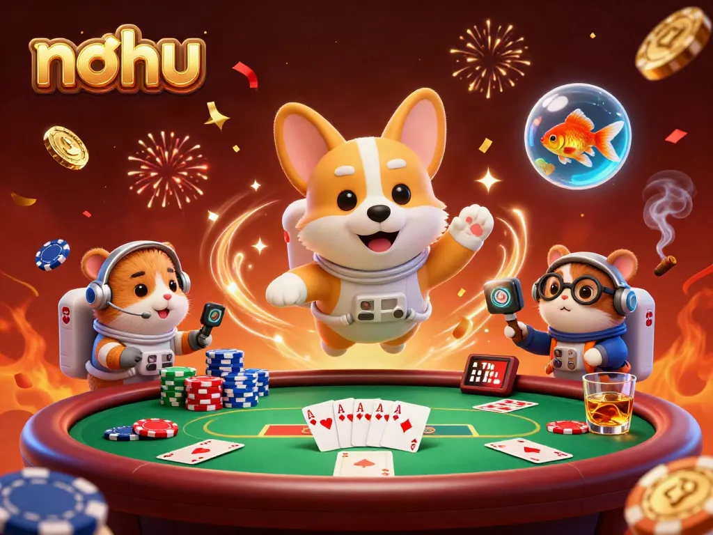 Experience nohu's thrilling casino atmosphere with floating characters, dynamic poker action, and colorful decorations.