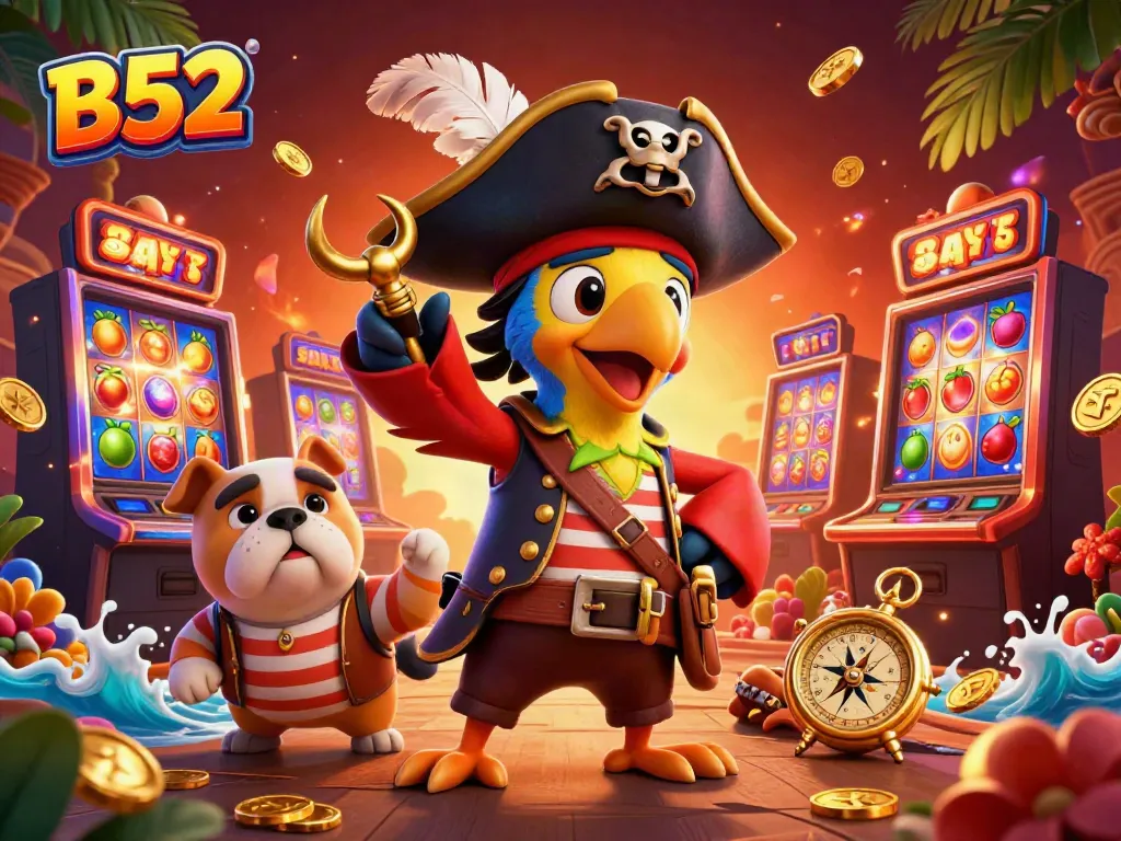 Engage in thrilling b52 slot action with a pirate captain, bulldog, and cat navigating rich casino elements.