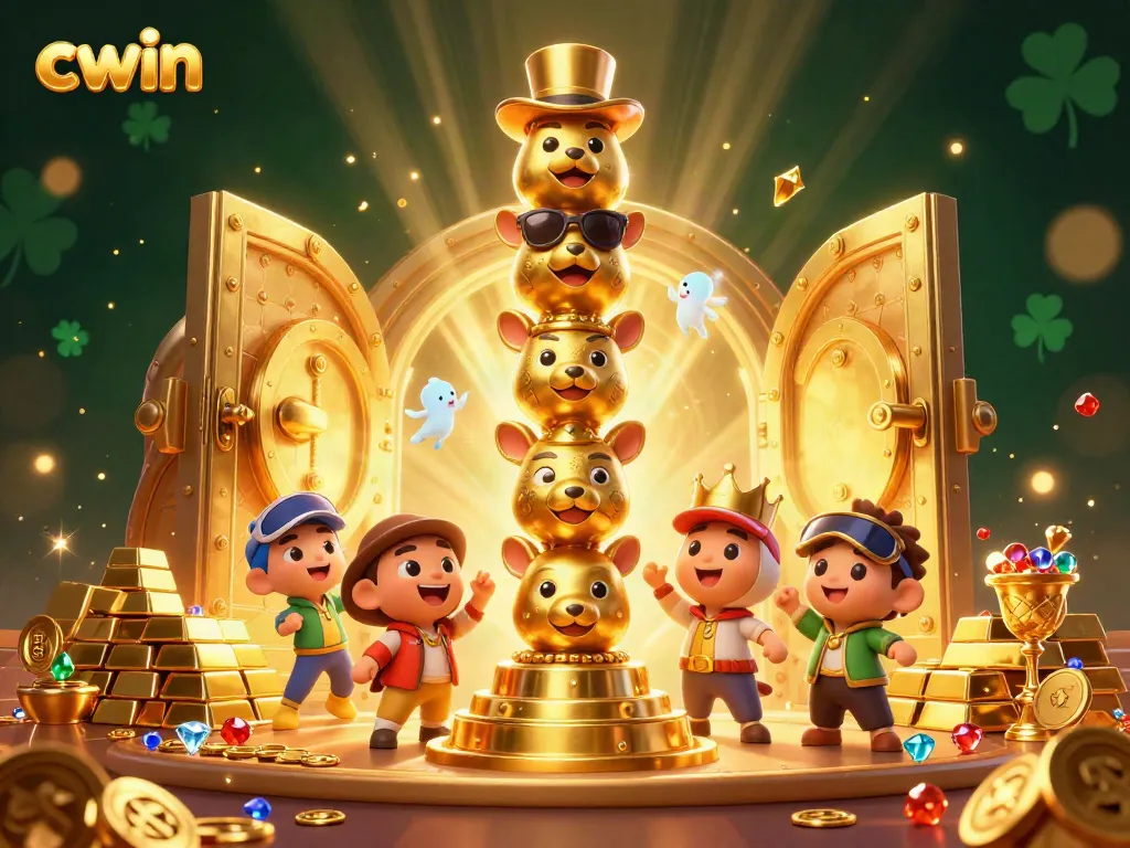 Cwin's vibrant casino scene showcases a totem pole amidst gold treasures and joyous spirits.