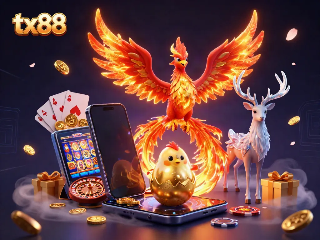Engage with the thrilling world of tx88 featuring a fire phoenix and vibrant casino elements.