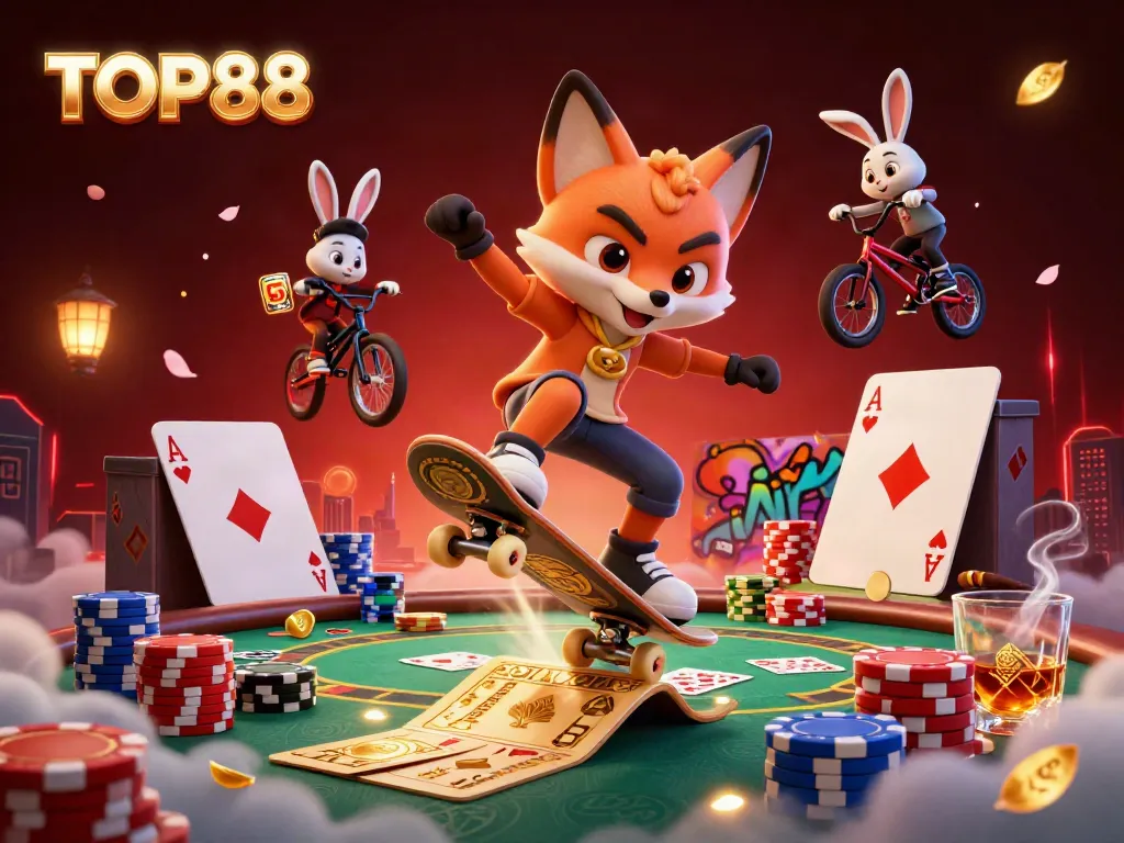 TOP88 promotes exciting gameplay with cartoon characters in a vibrant casino setting.