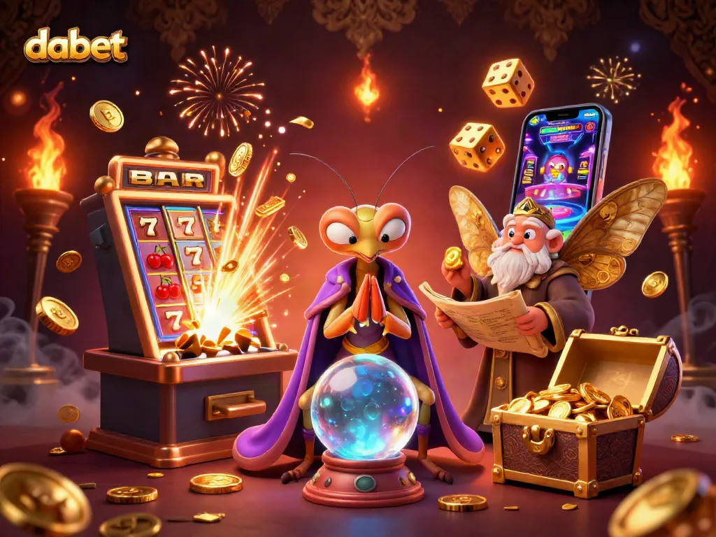 Engage with dabet's vibrant casino world through a magical illustration featuring a fortune teller and glowing slot machines.