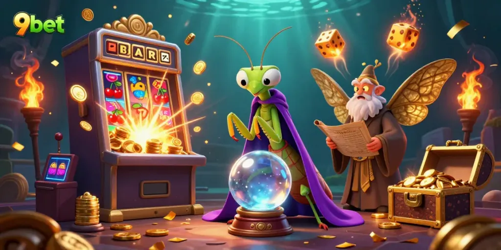 Join the excitement at 9bet with vibrant casino elements in a magical 3D illustration.