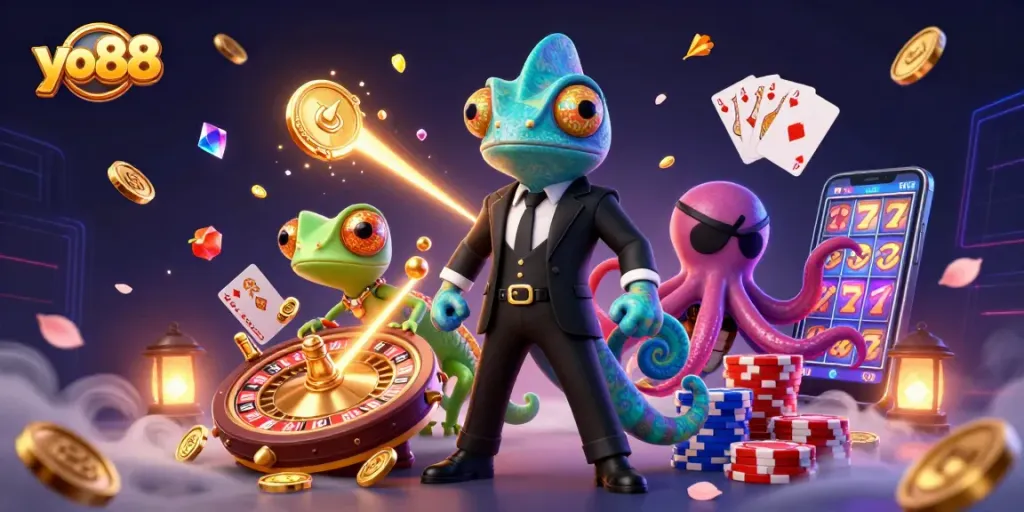 Join the excitement with yo88's vibrant casino scene featuring colorful gaming elements and animated characters.
