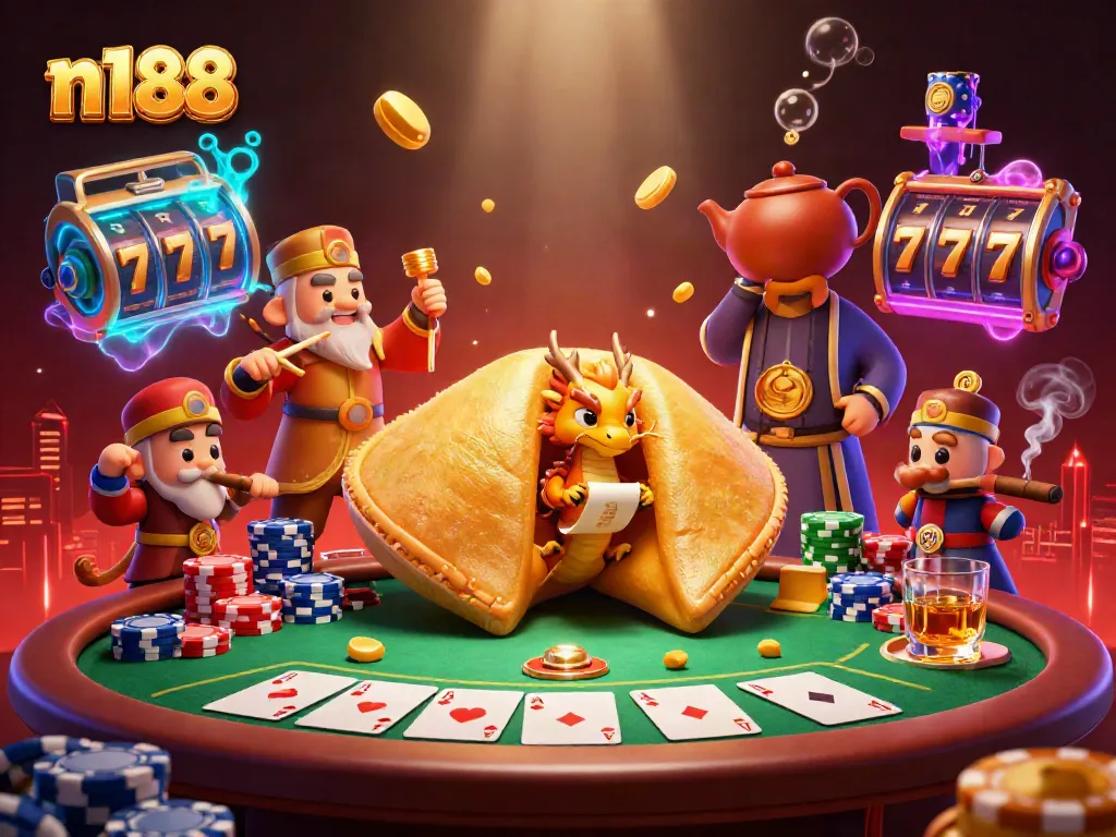 Join the n188 gaming journey with exciting poker and slot elements in an enchanting 3D illustration.