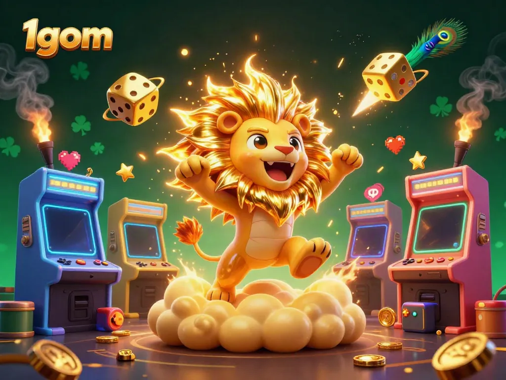 Engage with 1gom's dynamic casino atmosphere featuring a roaring sun lion and golden dice.