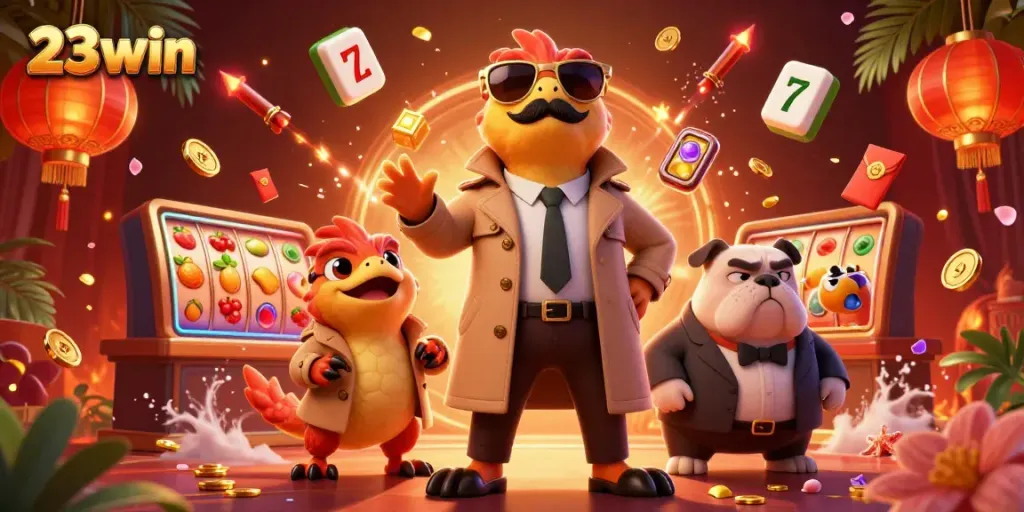 Engaging illustration of raptors in disguise attempting VIP entry at a 23win casino, surrounded by colorful slot elements.