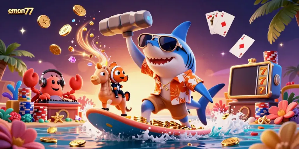Engage with emon77's casino atmosphere featuring a shark surfing coins with vibrant casino symbols.