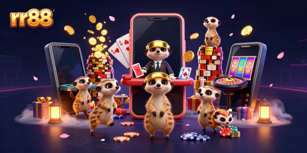 Engage in thrilling games at rr88 while meerkats manage a vibrant casino atmosphere with dynamic elements.