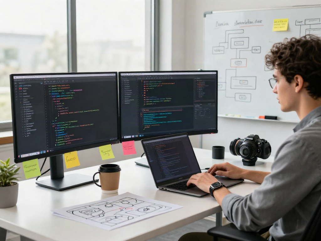 AI chat nsfw development scene in a vibrant tech workspace with multiple screens, code, and brainstorming notes.