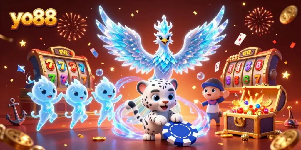 Spin to win at yo88 with an ice phoenix and a slot machine theme in a vibrant casino scene.