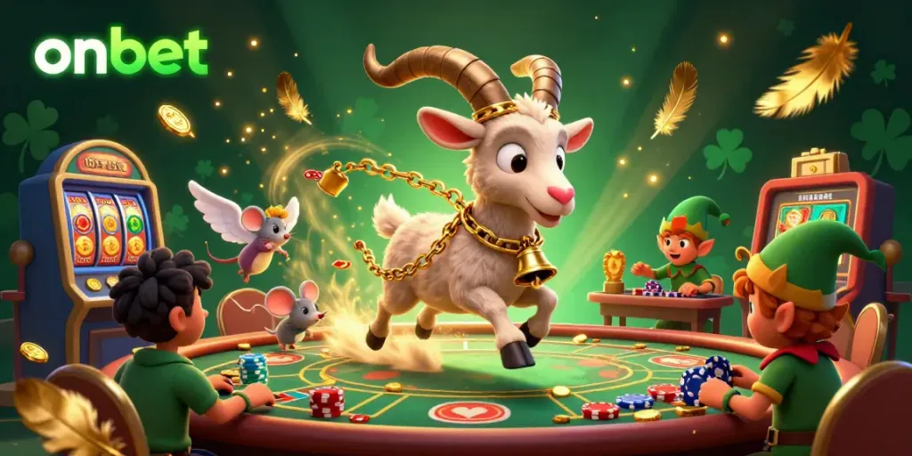 Experience thrilling gaming at onbet casino with a Krampus and angel mouse in action.