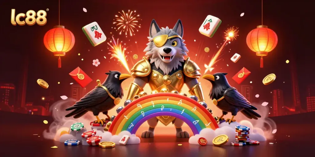 Experience high-energy gaming with lc88 in this vibrant 3D scene filled with ancient Norse elements.