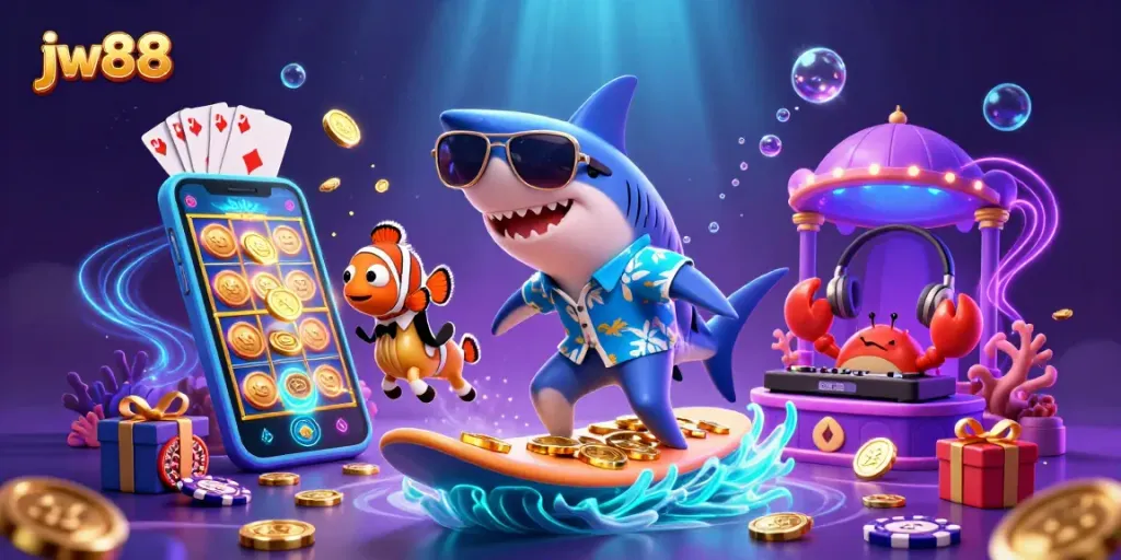 Surf thrilling games with jw88 in a vibrant underwater casino paradise filled with fun characters.