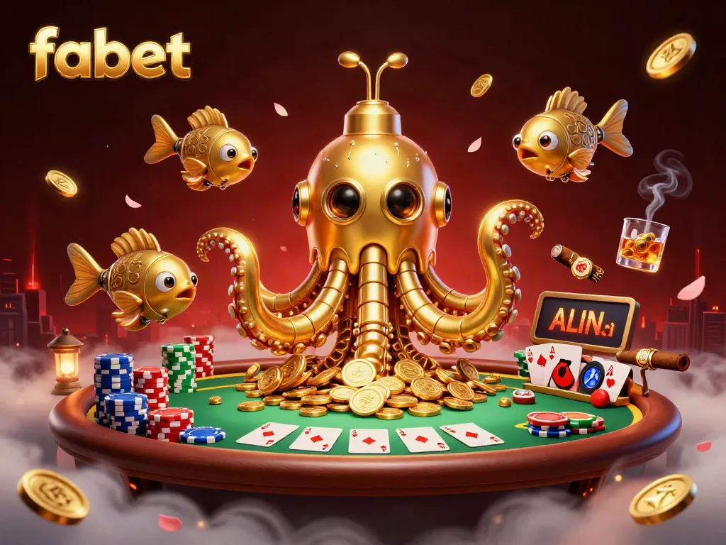 Experience thrilling gameplay with fabet's 3D kraken submarine surrounded by poker action and gold coins.