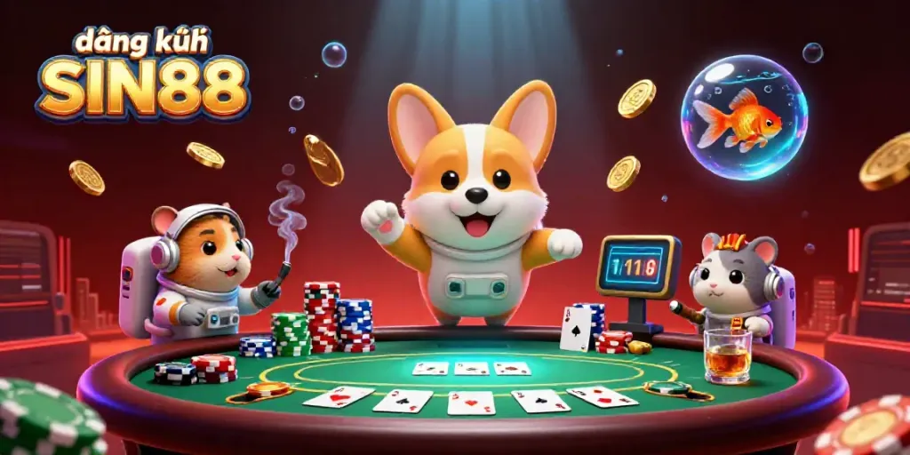 Engage with the exciting atmosphere of đăng ký SIN88 as a playful astronaut corgi drifts through a casino in space.