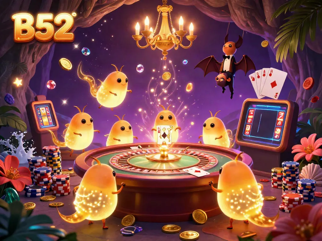Experience the thrill of winning at B52's vibrant cave casino filled with glowworms, sparkling gems, and dynamic game elements.