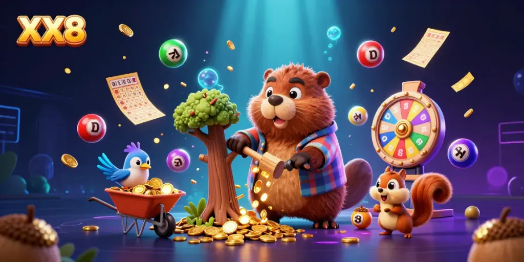 Experience the thrilling world of XX8 as a lumberjack beaver chops a coin-giving tree amidst vibrant lottery elements.