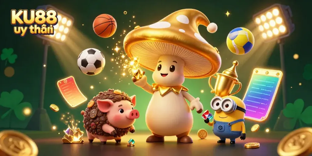 Experience the magic of KU88 uy tín with golden treasures and exciting sports elements in this captivating scene.